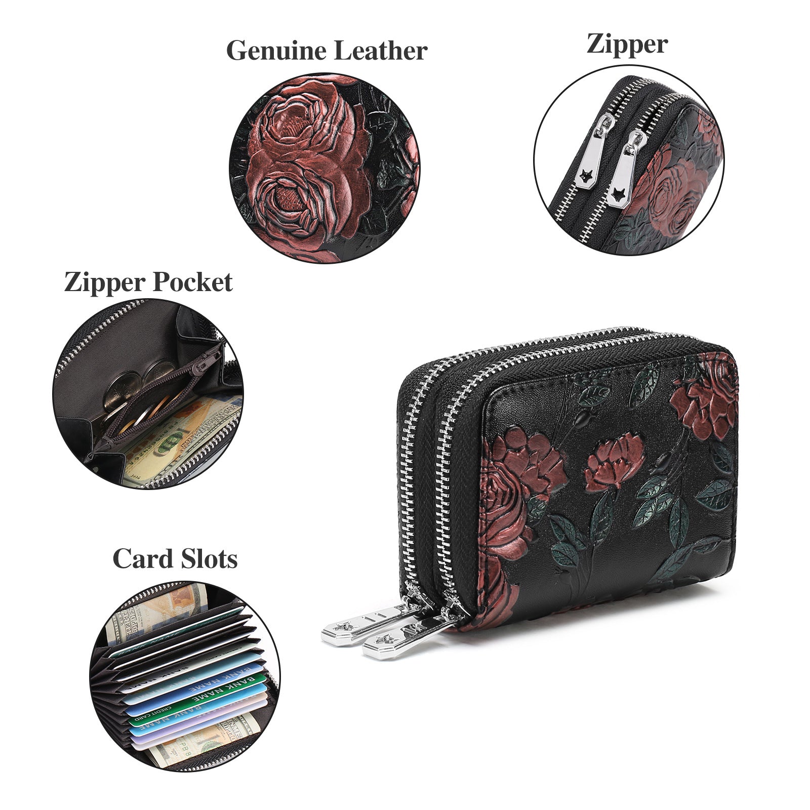 Black Background With Colorful Roses Floral Embossed Genuine Leather Card Holder - Large Capacity 10 Card Slots, RFID Blocking, Double Zipper Coin Pouch 9