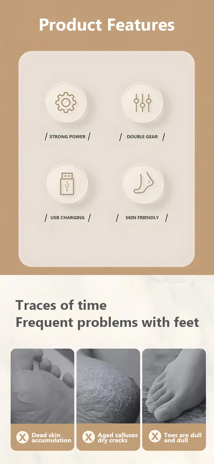 Beige Electric Foot Grinder with USB Charging - Dual-Speed Callus Remover for Smooth, Exfoliated Feet 4
