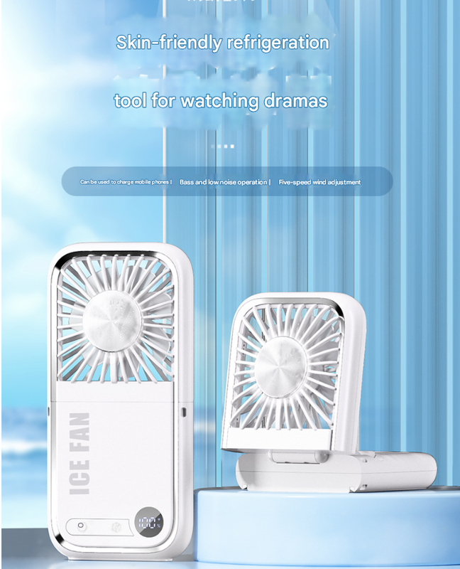 White Portable Cooling Fan with Neck Lanyard & Phone Stand - USB Rechargeable 3