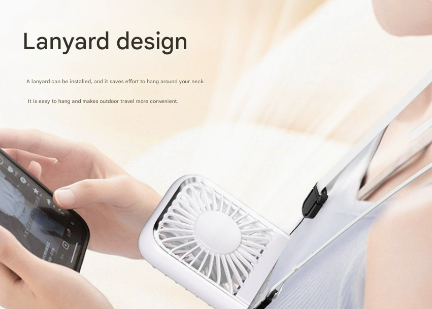 Black Portable Cooling Fan with Neck Lanyard & Phone Stand - USB Rechargeable 4