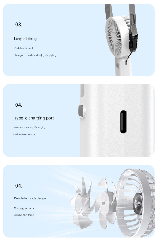 Dual-Blade Portable Neck Fan - Rechargeable USB Fan with Carabiner 4