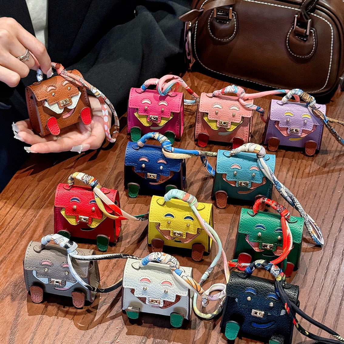 Brown Mini Bag Earphone Case - Stylish Keychain Pouch for Headphones 3