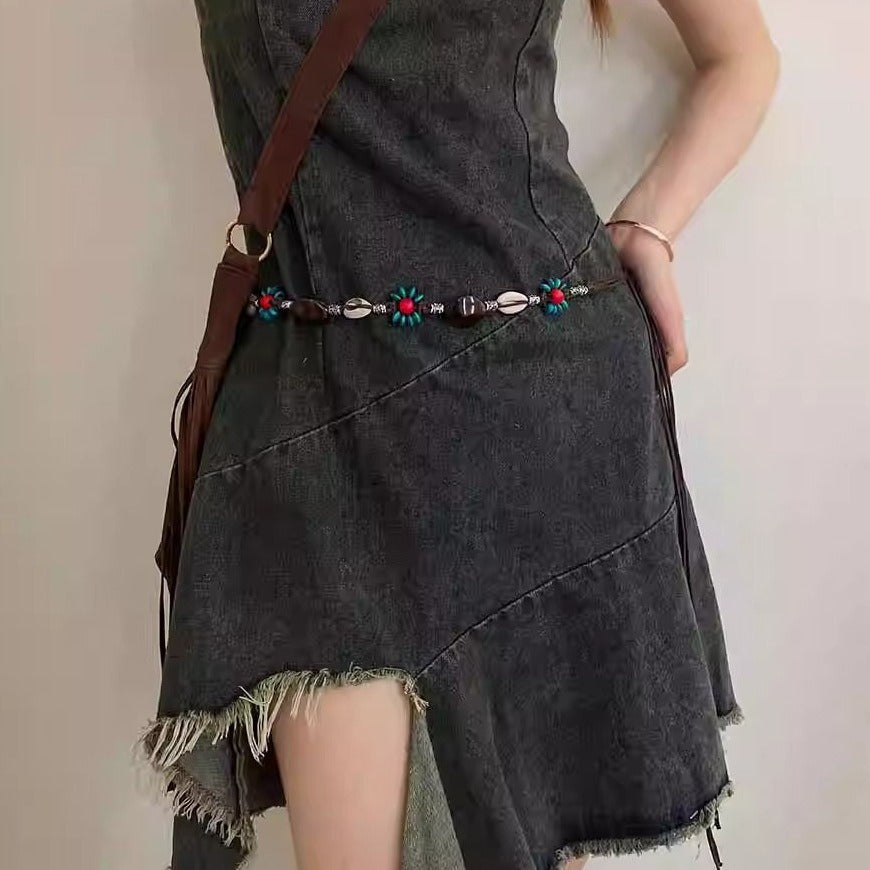 2 PCS Shell Red Beads Ethnic Style Waist Chain - Beaded Bohemian Belt for Women 3