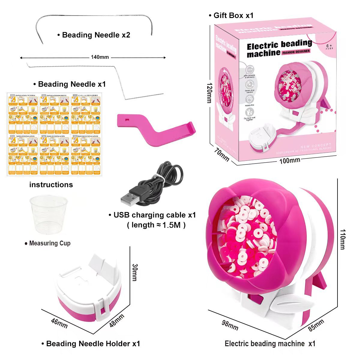 Pink Automatic Bead Loader - Electric DIY Jewelry Making Kit with Accessories 1