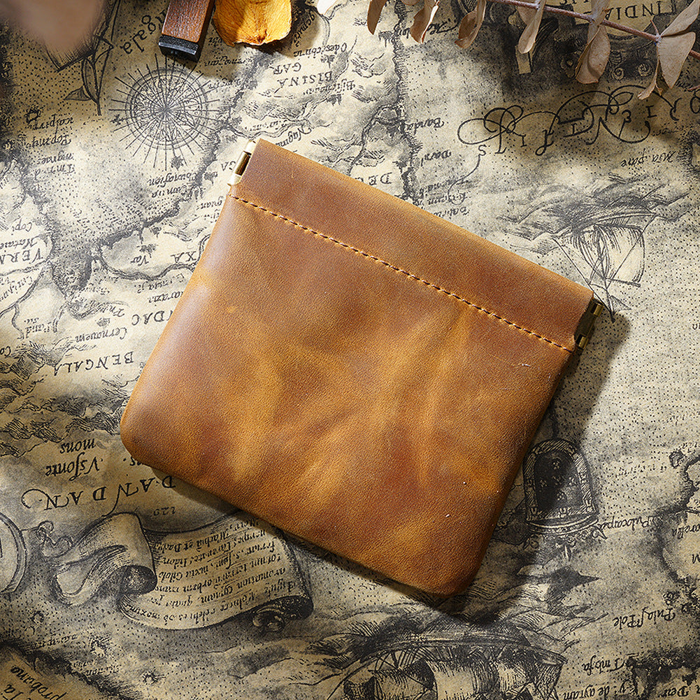 Brown Genuine Leather Coin Purse - Vintage Style Snap Closure Mini Pouch