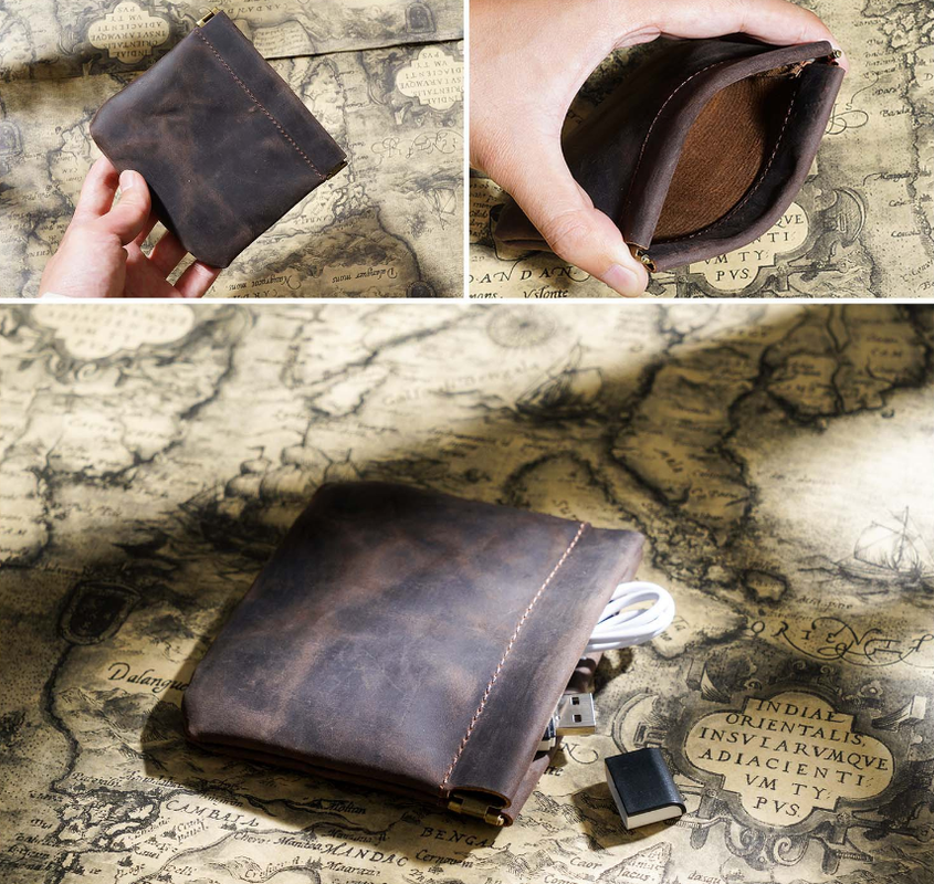 Coffee Genuine Leather Coin Purse - Vintage Style Snap Closure Mini Pouch 3