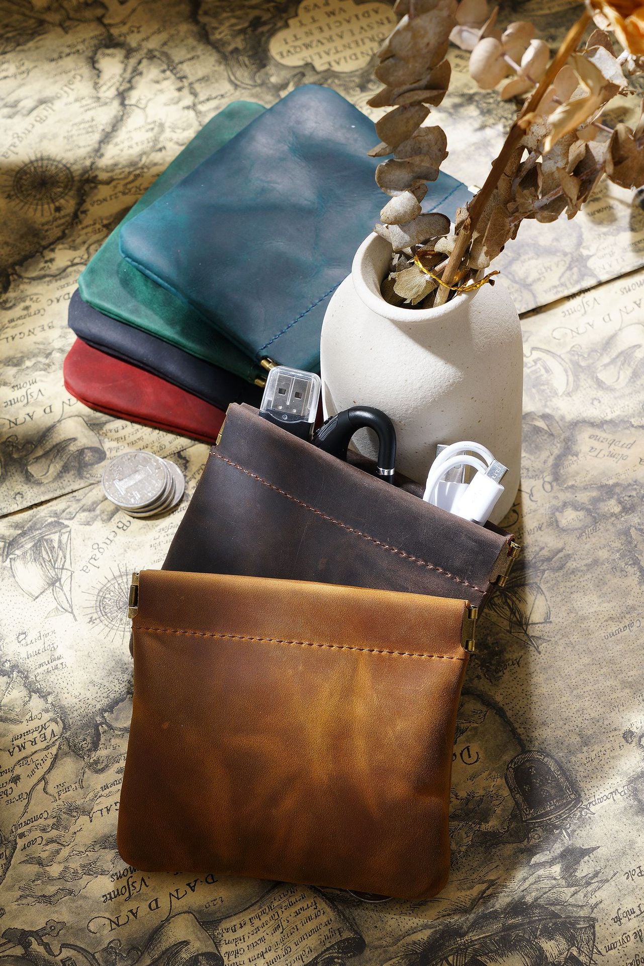 Coffee Genuine Leather Coin Purse - Vintage Style Snap Closure Mini Pouch 4