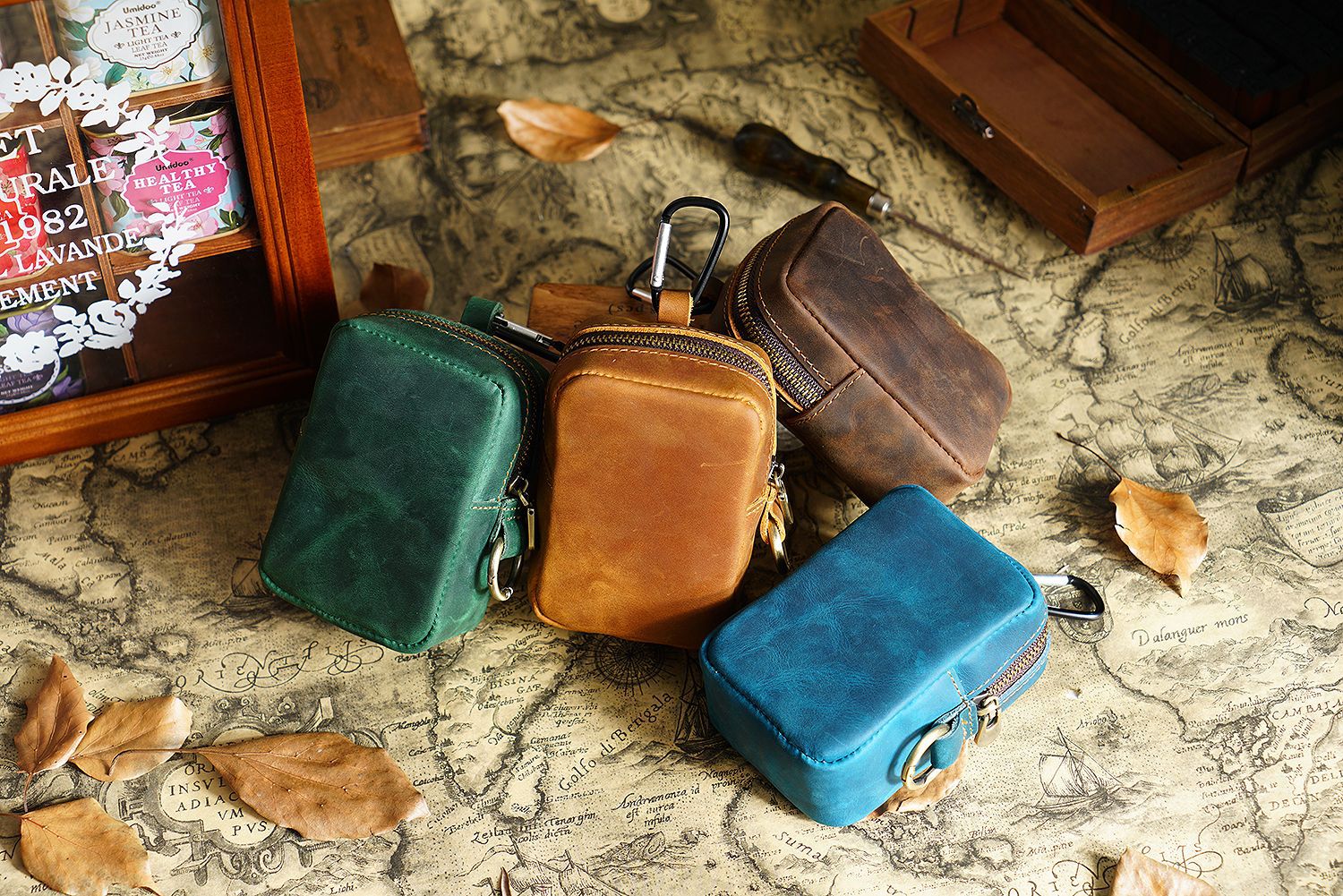 Coffee Genuine Leather Belt Pouch - Mini Waist Bag with Zipper and Carabiner 4