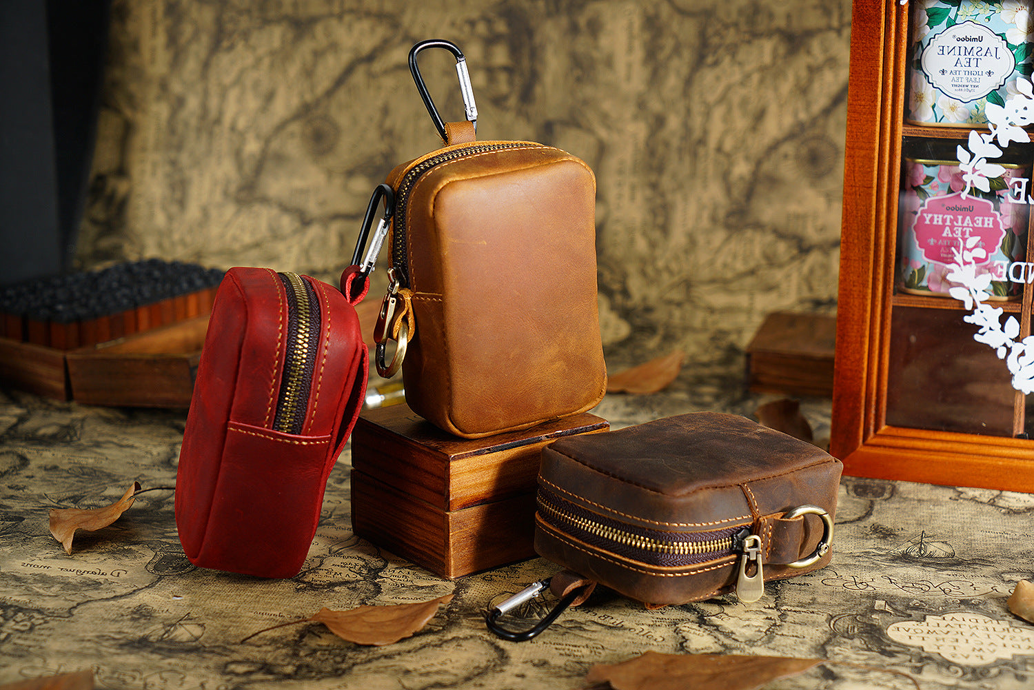 Wine Red Genuine Leather Belt Pouch - Mini Waist Bag with Zipper and Carabiner 3