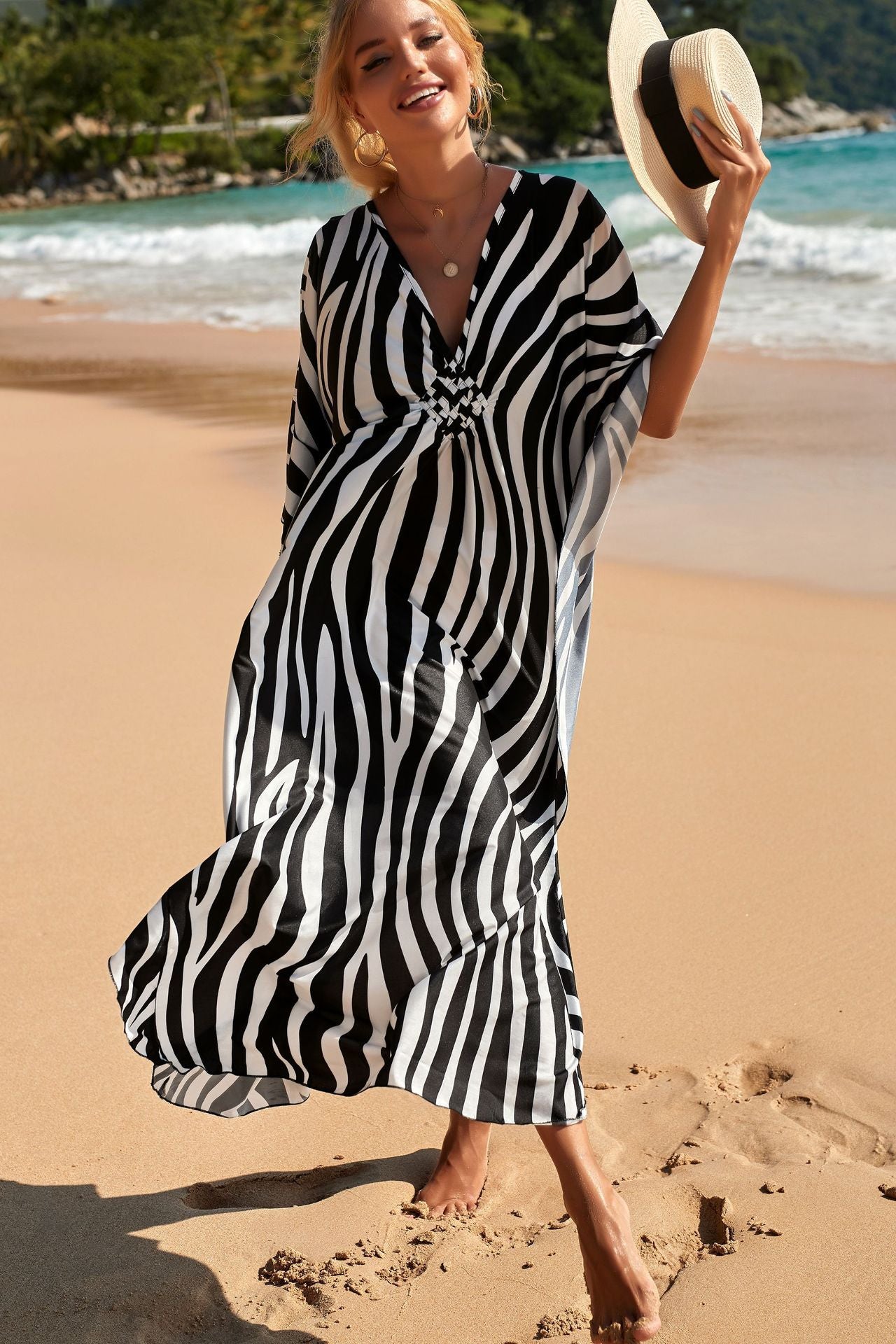 Zebra Print Loose Fit Caftan Dress - Resort Style Beach Coverup for Women 4