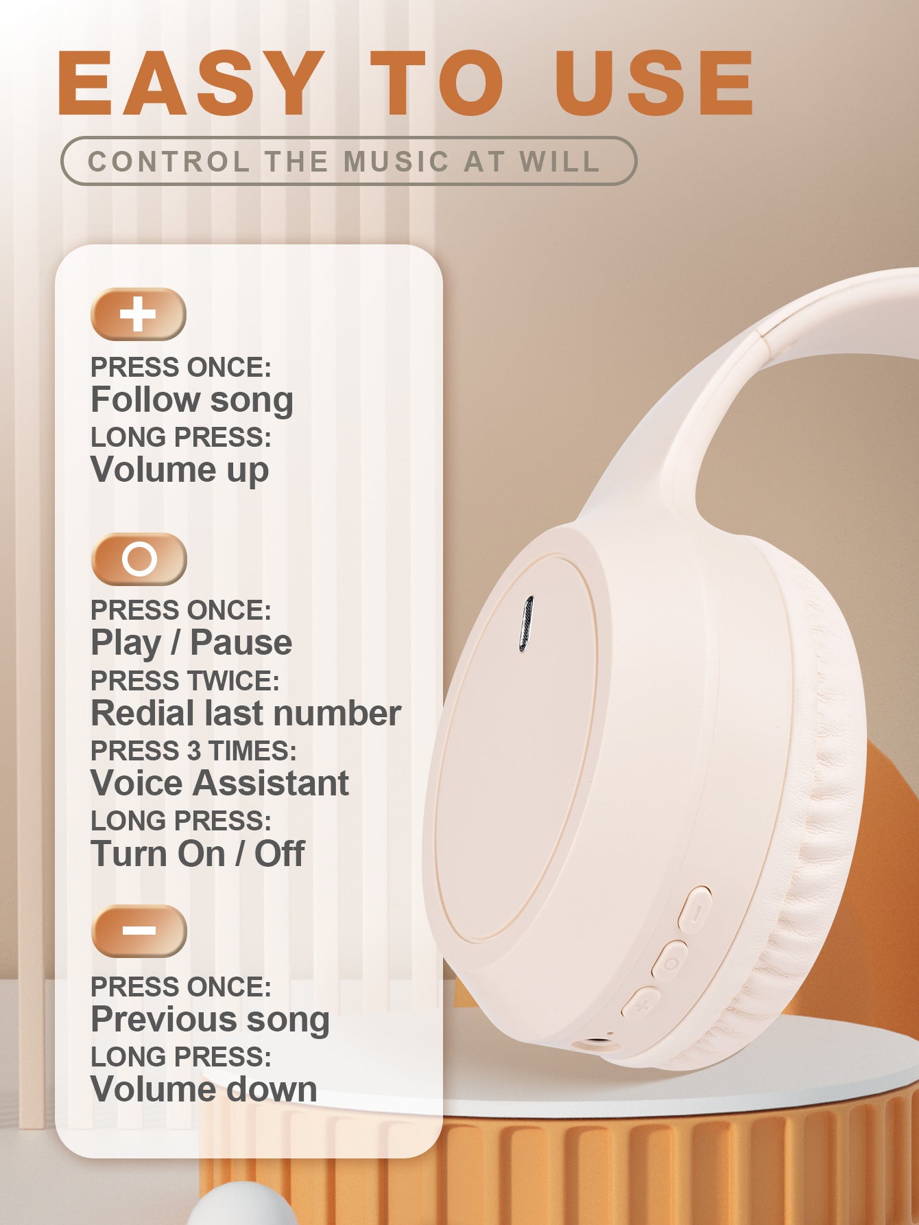 Khaki Over-Ear Wireless Headphones - Immersive Sound, 360° Surround Sound 4