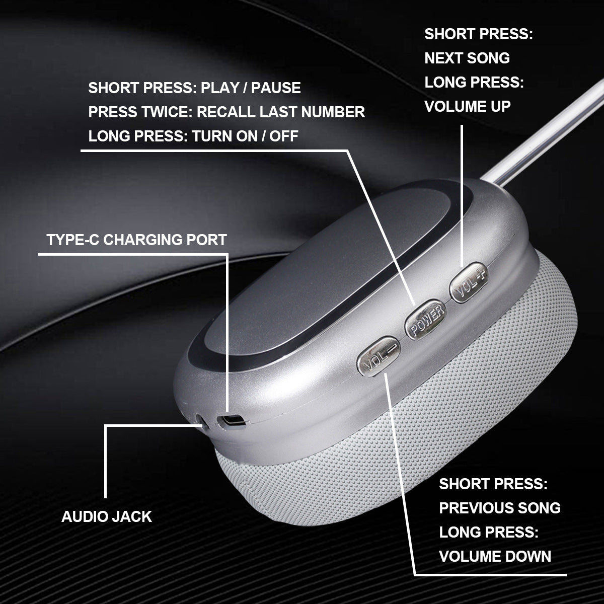 Silver Comfortable Bluetooth Over-Ear Headphones - Soft Earmuffs, Foldable Design, Stereo Sound 3