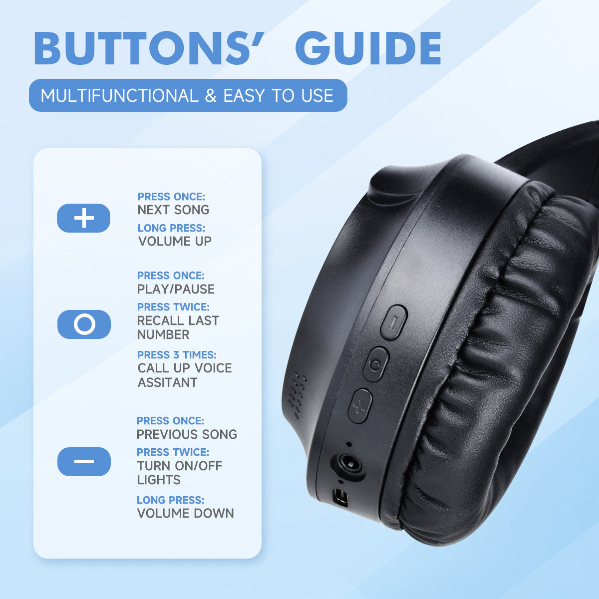 Blue Wireless Gaming Headphones with Lights - Foldable Design, 40mm Drivers, Comfortable 3