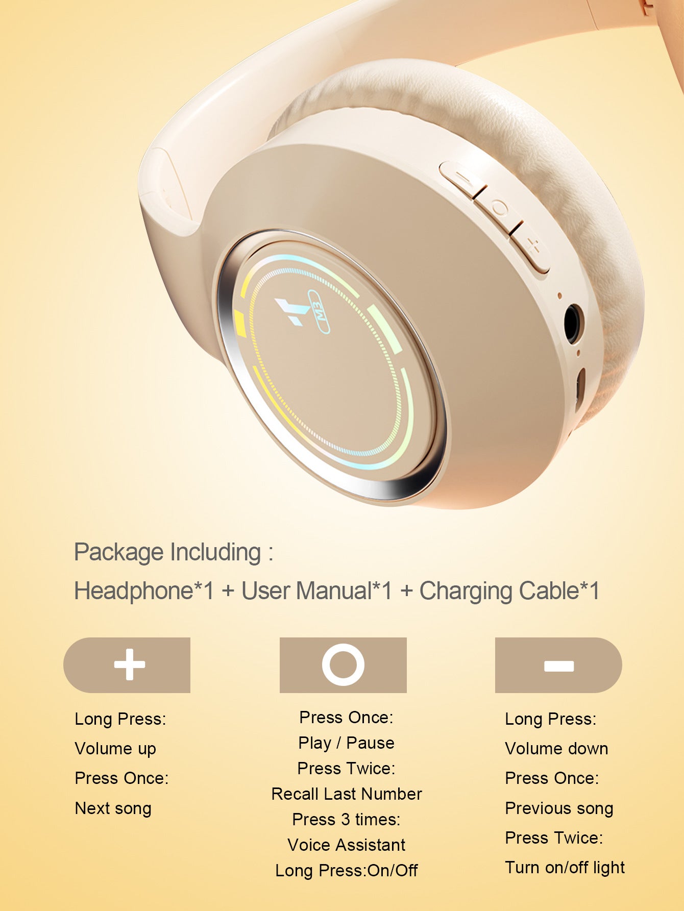Beige Bluetooth 5.2 Headphones - Foldable, Adjustable Headband, TF Card 3