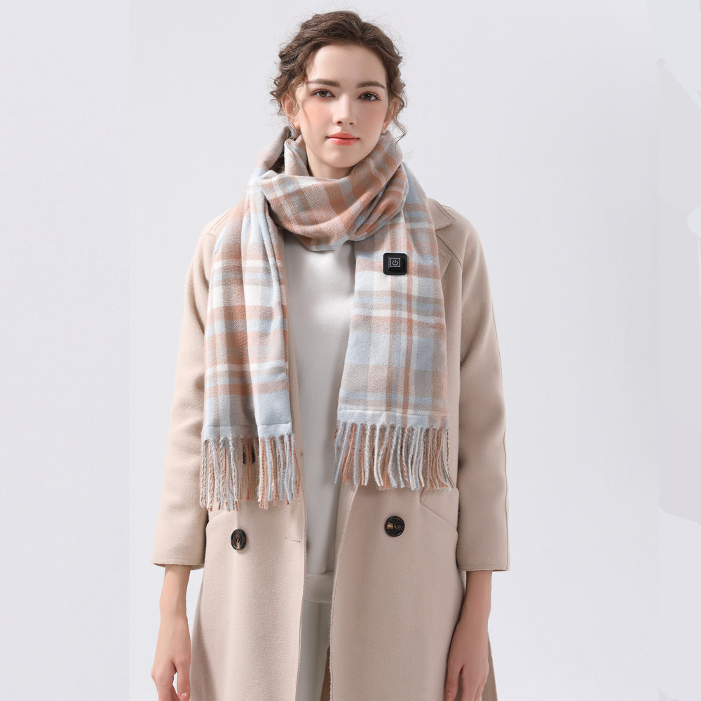 Light Blue Plaid Heated Scarf - Electric Warming Scarf, Winter Outdoor Essential (Without power bank) 3