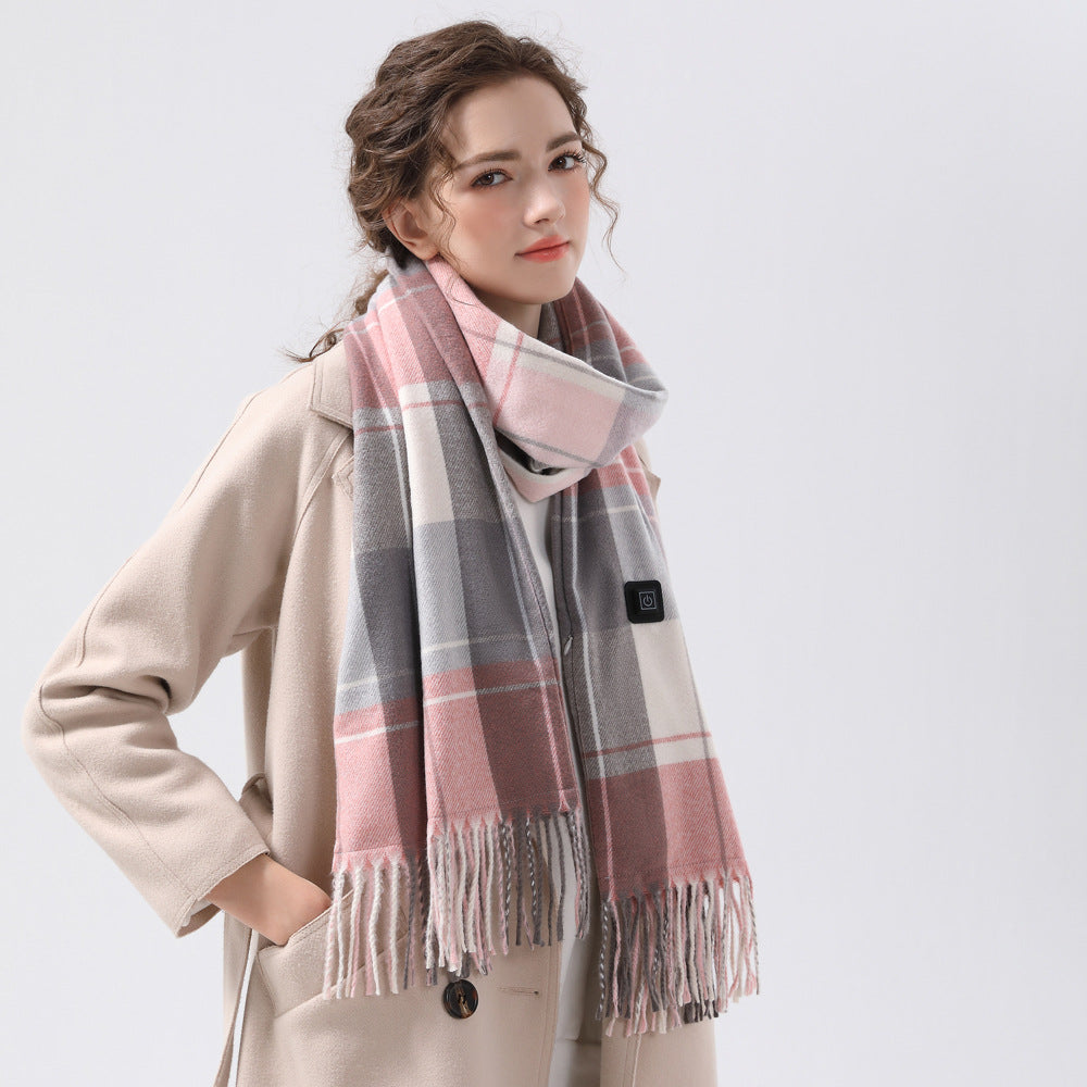 Gray And Pink Plaid Heated Scarf - Electric Warming Scarf, Winter Outdoor Essential (Without power bank) 3