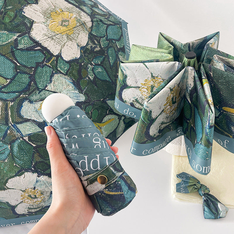 Wild Rose Mini 5-Fold Umbrella - Portable, Anti-UV, Black Glue Coating