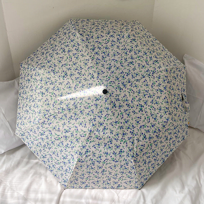 Blue Floral Mini 5-Fold Umbrella - Portable, Anti-UV, Black Glue Coating