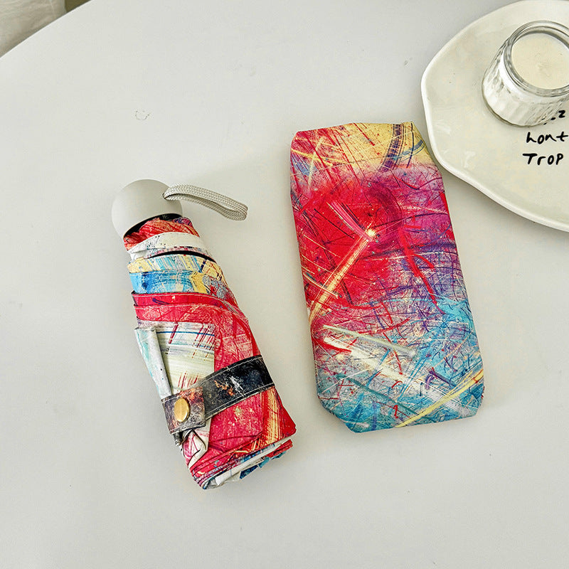 Color Graffiti Mini 5-Fold Umbrella - Portable, Anti-UV, Black Glue Coating