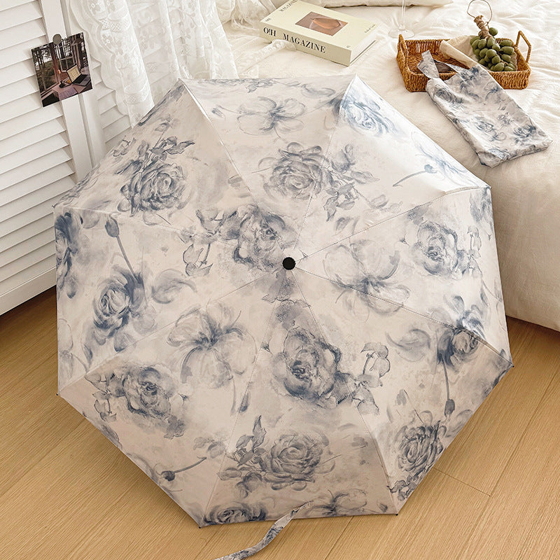 Haze Blue Flowers Mini 5-Fold Umbrella - Portable, Anti-UV, Black Glue Coating 3