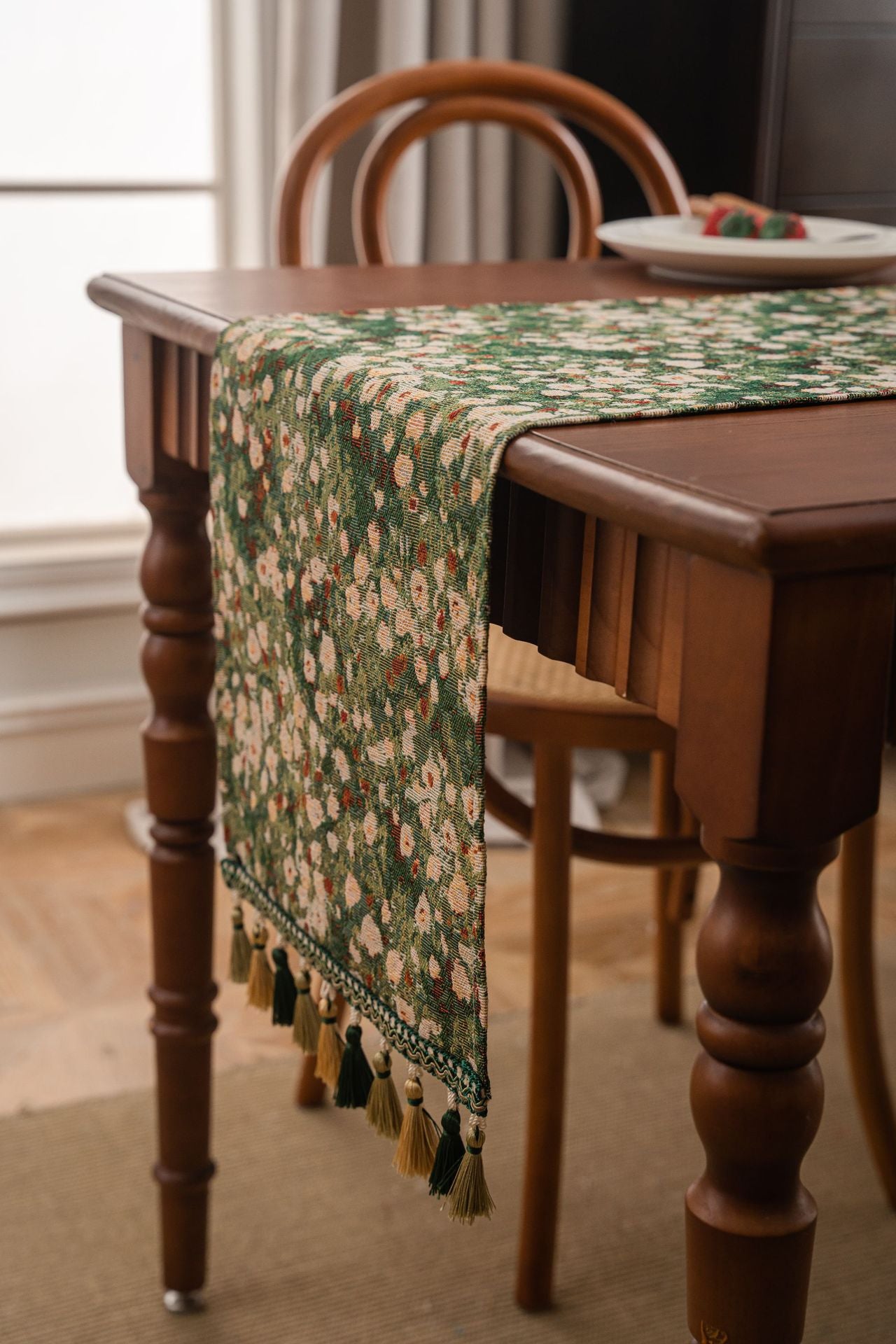 2 pcs Floral Table Runner with Tassels - Jacquard Green Farmhouse Style (33x120cm) 5