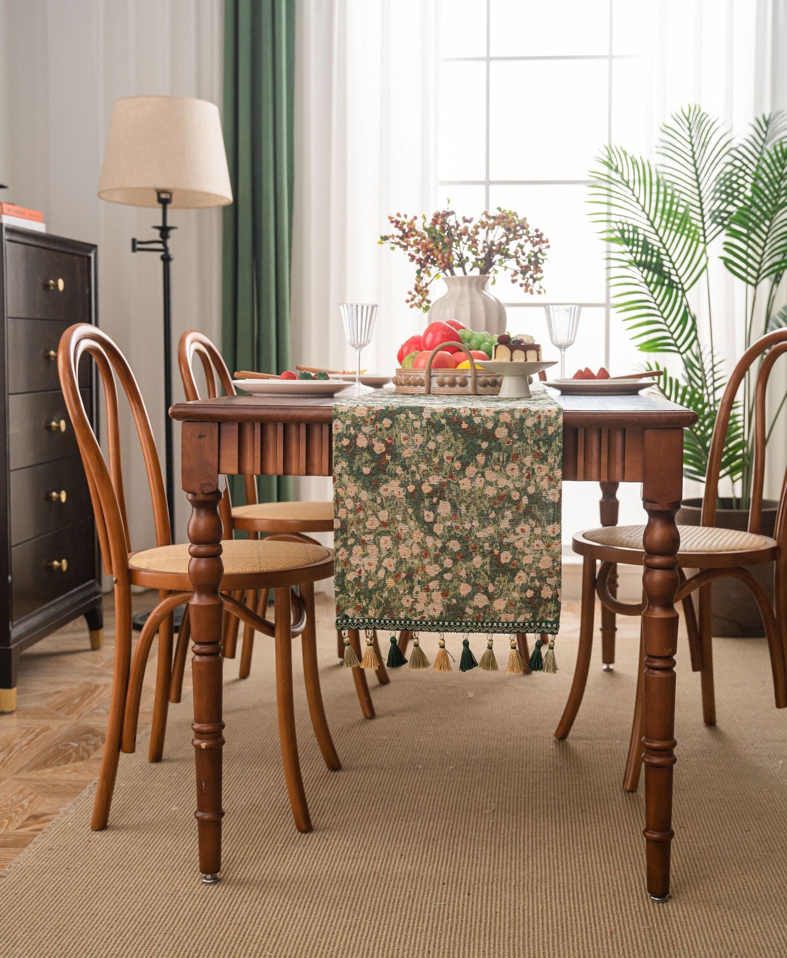 Floral Table Runner with Tassels - Jacquard Green Farmhouse Style (33x400cm) 3