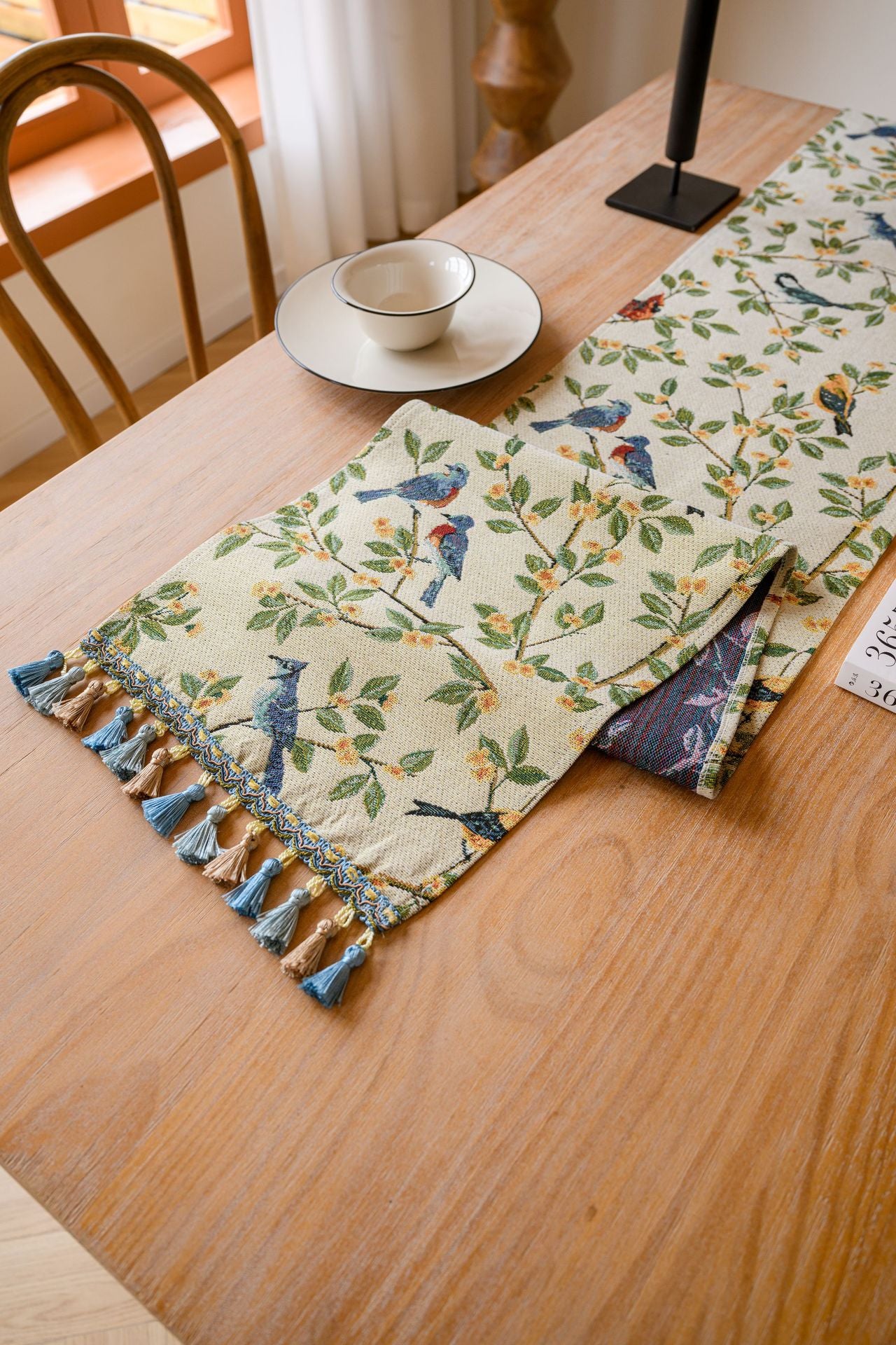 2 PCS Birds & Branch Table Runner - Jacquard Woven Beige with Tassels (33X120CM)