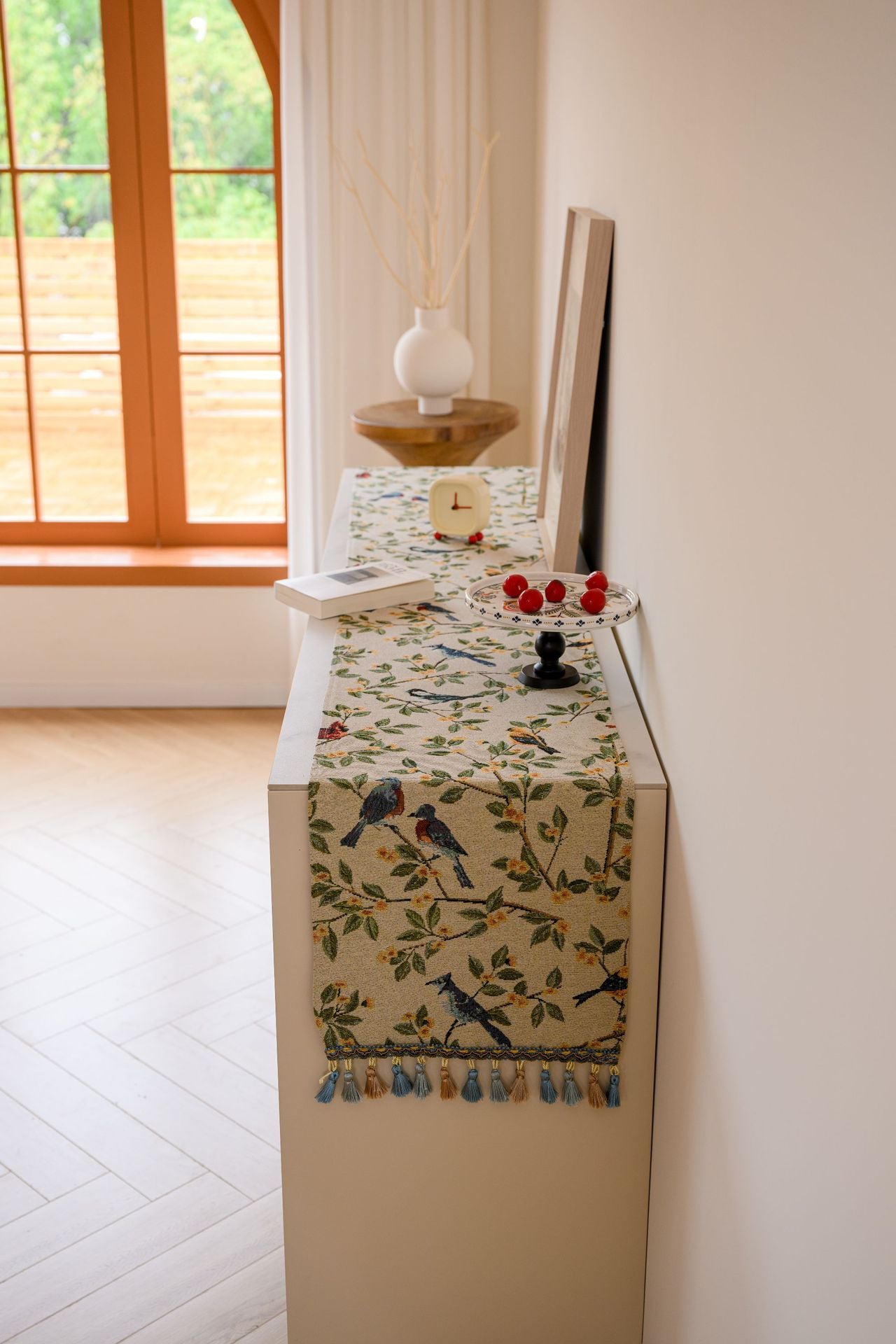 Birds & Branch Table Runner - Jacquard Woven Beige with Tassels(33X200CM) 3