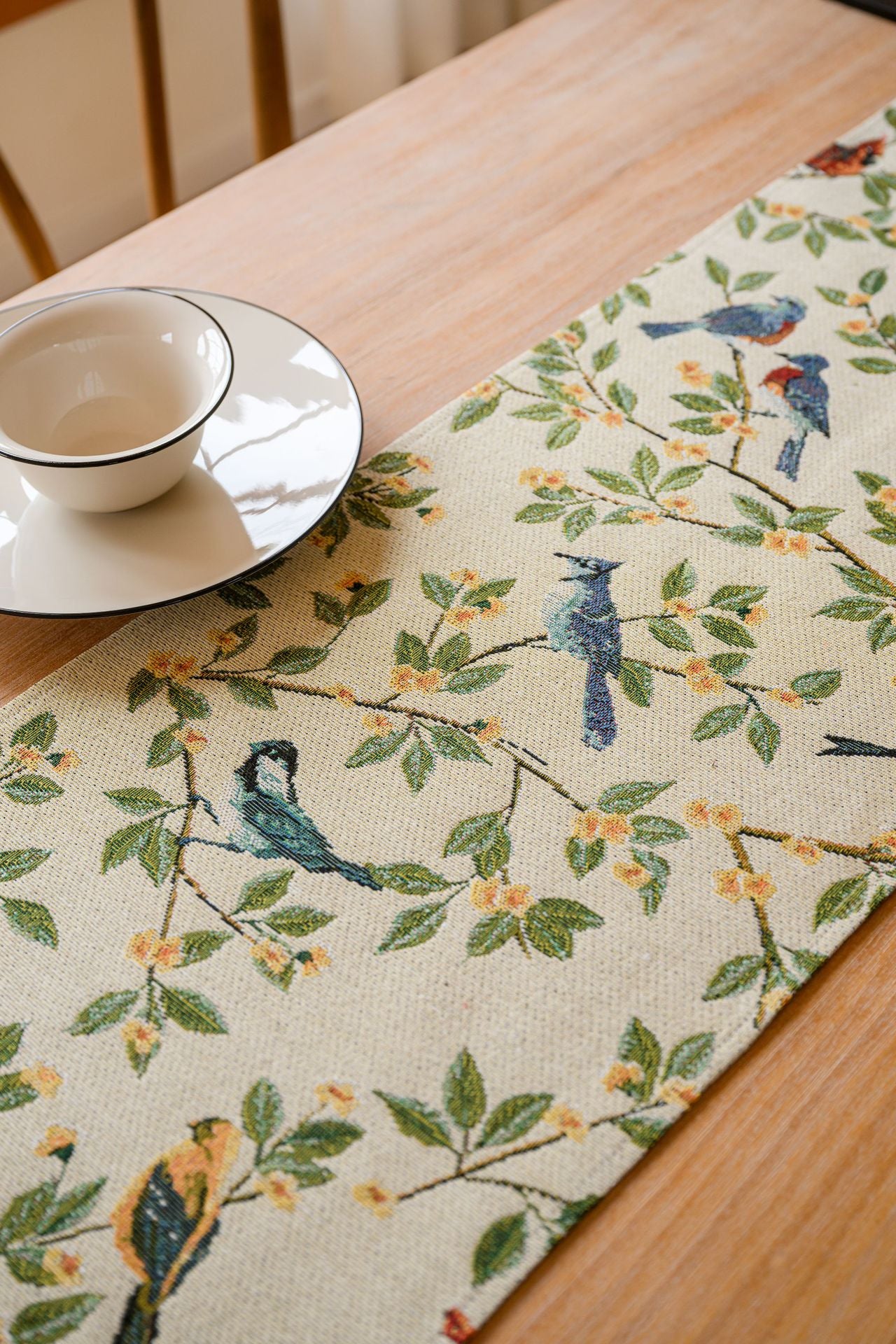 Birds & Branch Table Runner - Jacquard Woven Beige with Tassels(33X350CM) 5