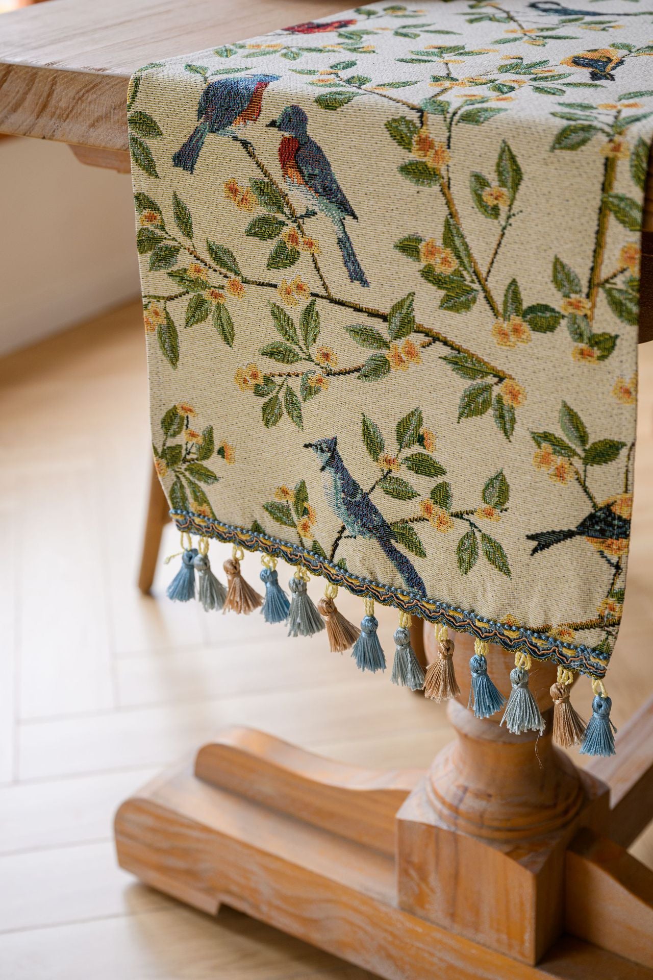 Birds & Branch Table Runner - Jacquard Woven Beige with Tassels(33X350CM) 6