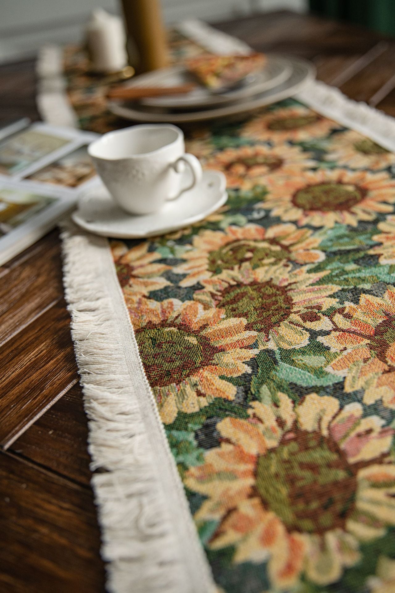 Sunflower Table Runner with Fringe - Jacquard Woven Cotton Blend (30x240cm)