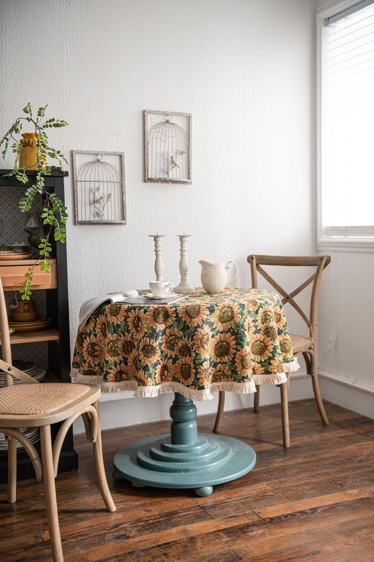 Round Sunflower Tablecloth - Jacquard Woven Cotton with Fringe Trim (120cm) 4