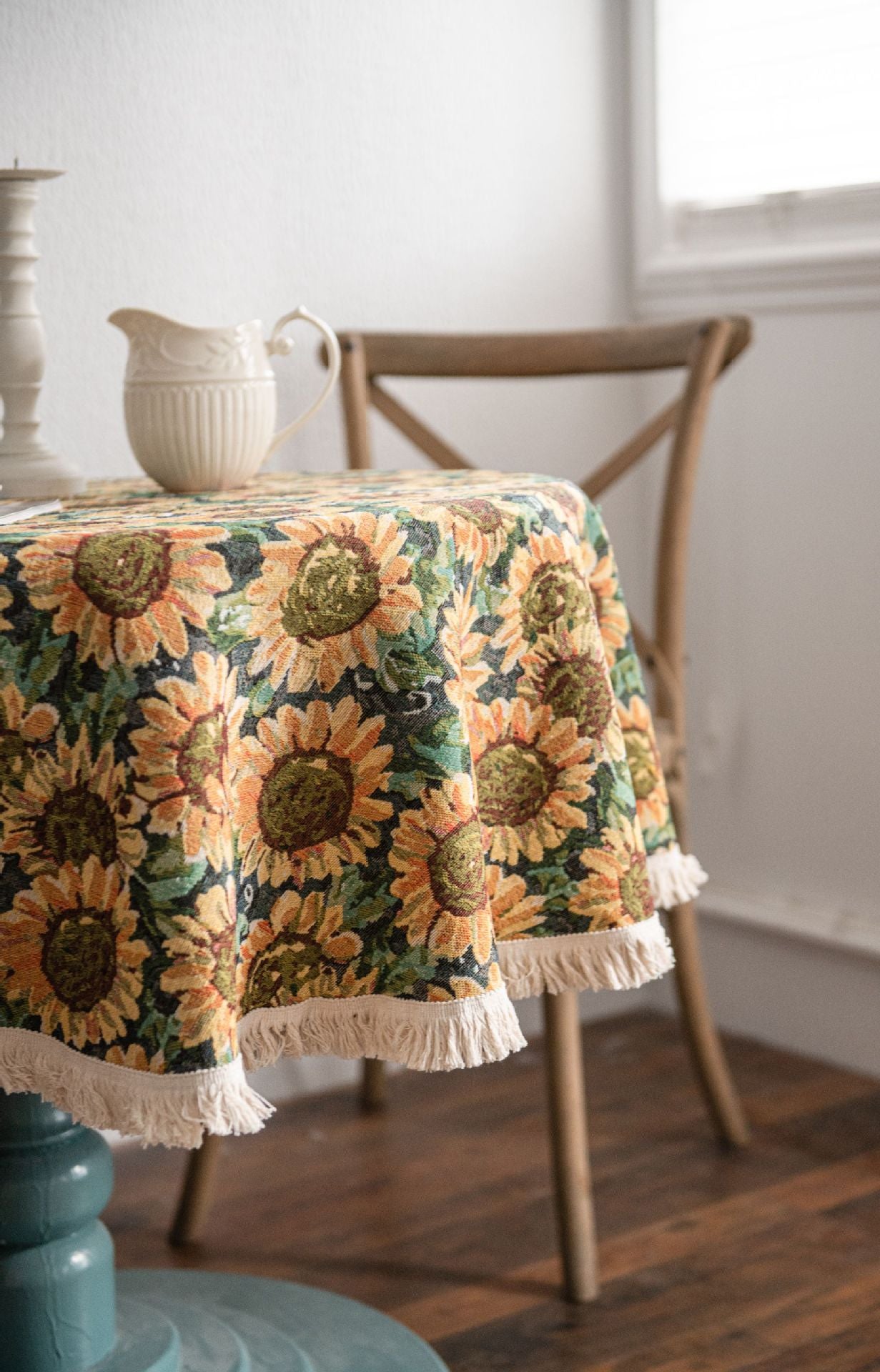 Round Sunflower Tablecloth - Jacquard Woven Cotton with Fringe Trim (90cm) 3