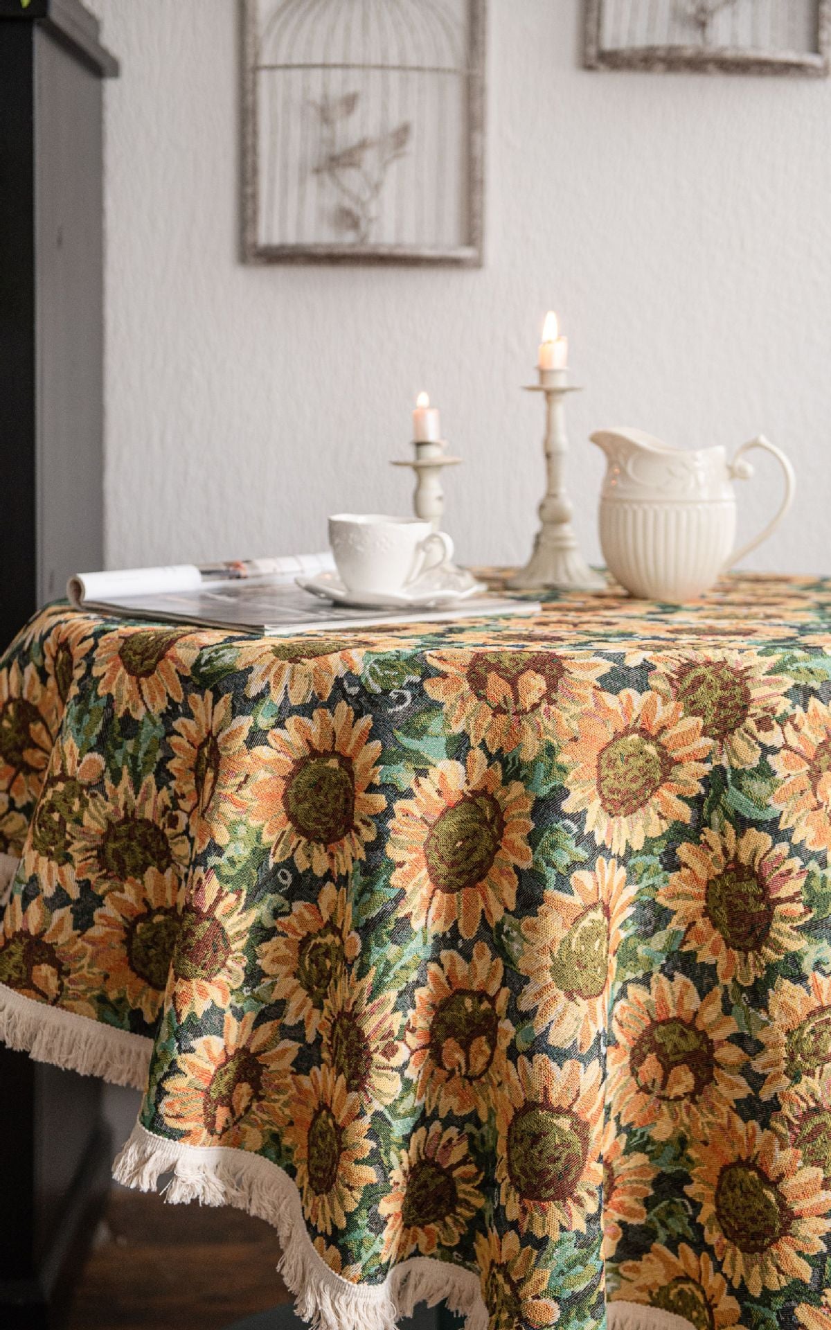 Round Sunflower Tablecloth - Jacquard Woven Cotton with Fringe Trim (90cm) 5