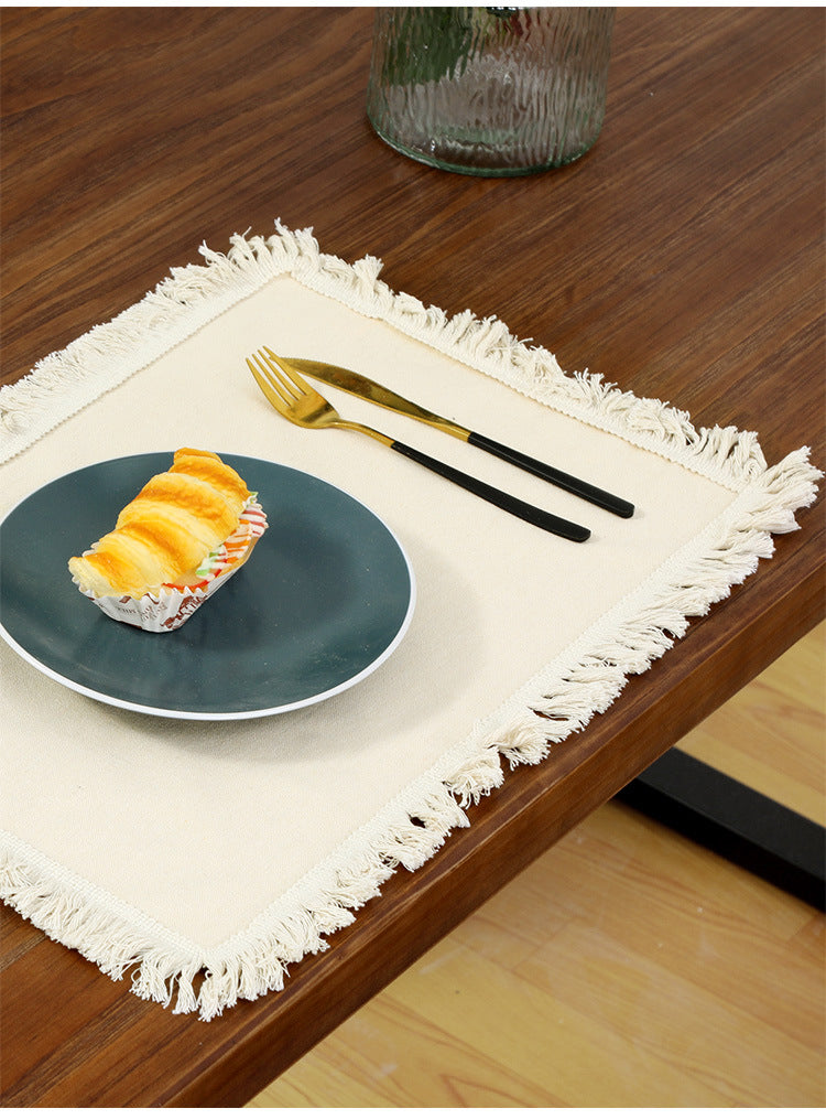 4 PCS Beige Cotton Linen Placemat with Fringe - Solid Color Table Mat for Dining (45X30CM)