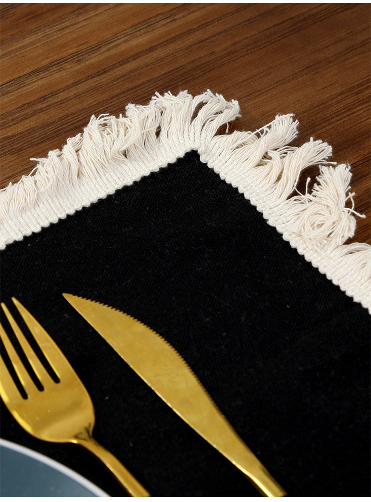 4 PCS Black Cotton Linen Placemat with Fringe - Solid Color Table Mat for Dining (45X30CM)