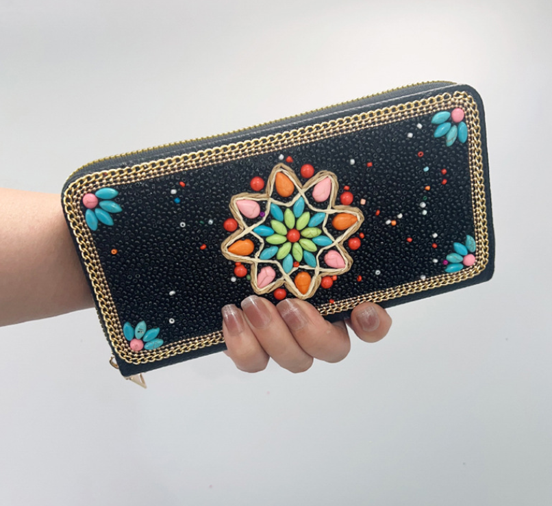 Black Ethnic Style Beaded Clutch - Handmade Retro Wallet Style 1 3