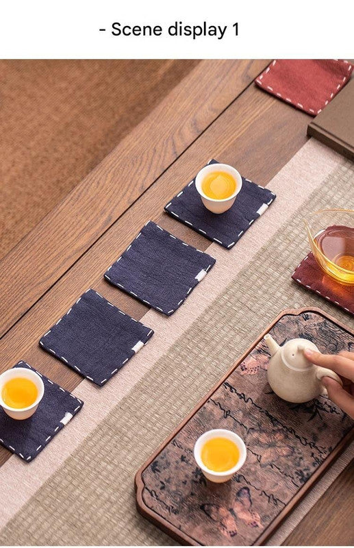 Yellow Chinese Style Linen Coasters - Set of 4, Hand-Embroidered Tea Mats (9x9cm) 3
