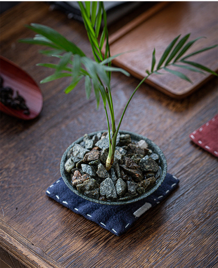 Navy Blue Chinese Style Linen Coasters - Set of 4, Hand-Embroidered Tea Mats (9x9cm)