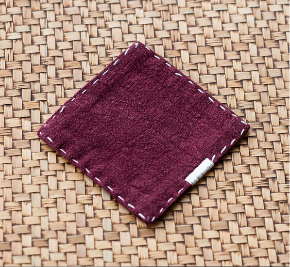 Purple Red Chinese Style Linen Coasters - Set of 4, Hand-Embroidered Tea Mats (9x9cm)