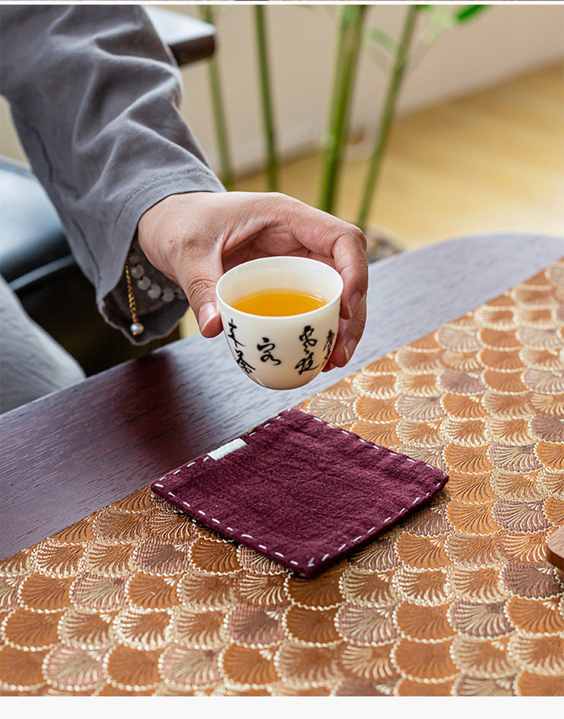 Purple Red Chinese Style Linen Coasters - Set of 4, Hand-Embroidered Tea Mats (9x9cm)