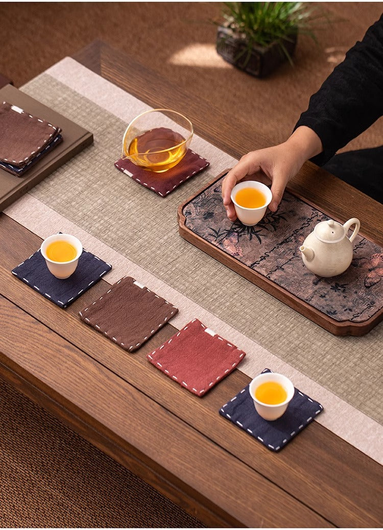 Brown Chinese Style Linen Coasters - Set of 4, Hand-Embroidered Tea Mats (9x9cm) 5