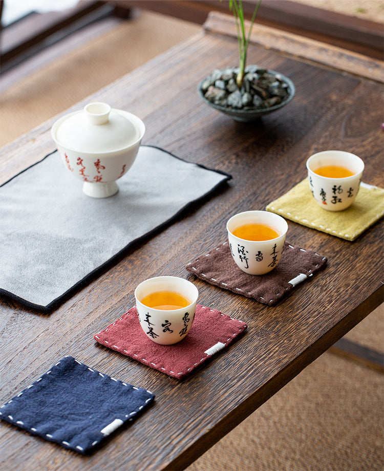 Chinese Style Linen Coasters - Set of 5, Hand-Embroidered Tea Mats (9x9cm) 3