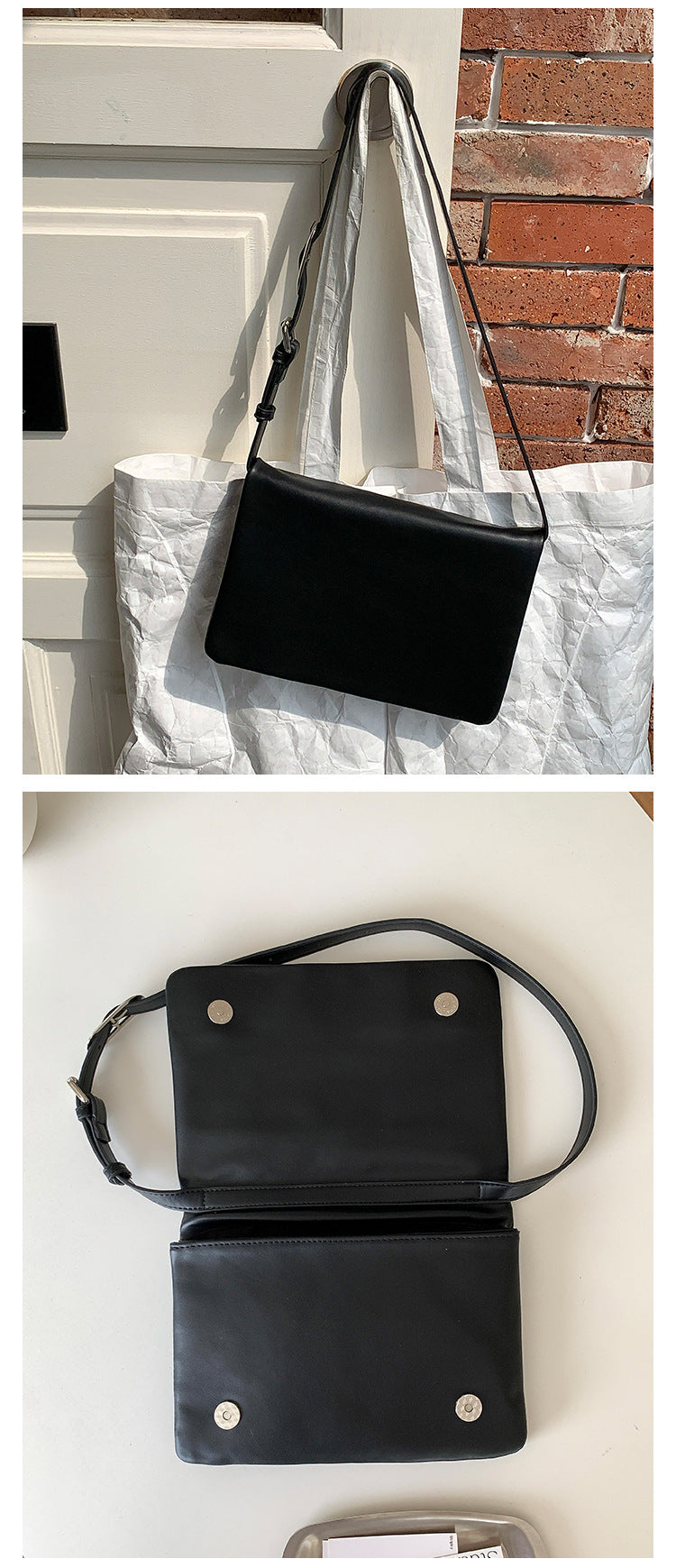 Black Minimalist Flap Shoulder Bag-Elegant Women's Double-Layer Crossbody 4
