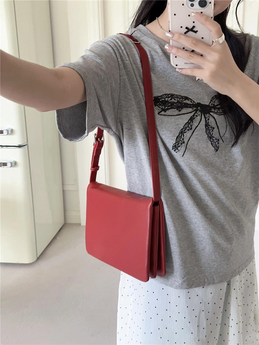 Red Minimalist Flap Shoulder Bag-Elegant Women's Double-Layer Crossbody