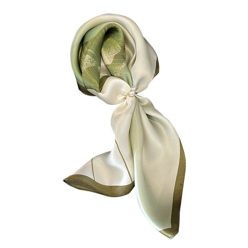 Green Pure Silk Scarf - Elegant Flower Design, Square Handkerchief (Style 1) 3
