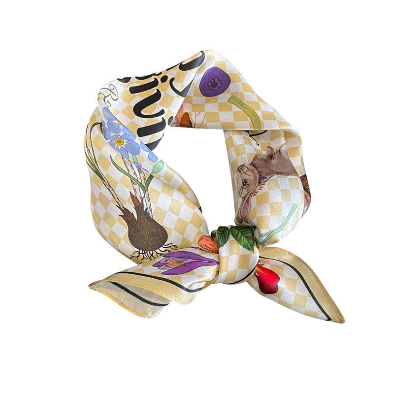 Yellow Pure Silk Scarf - Elegant Flower Design, Square Handkerchief (Style 2) 3