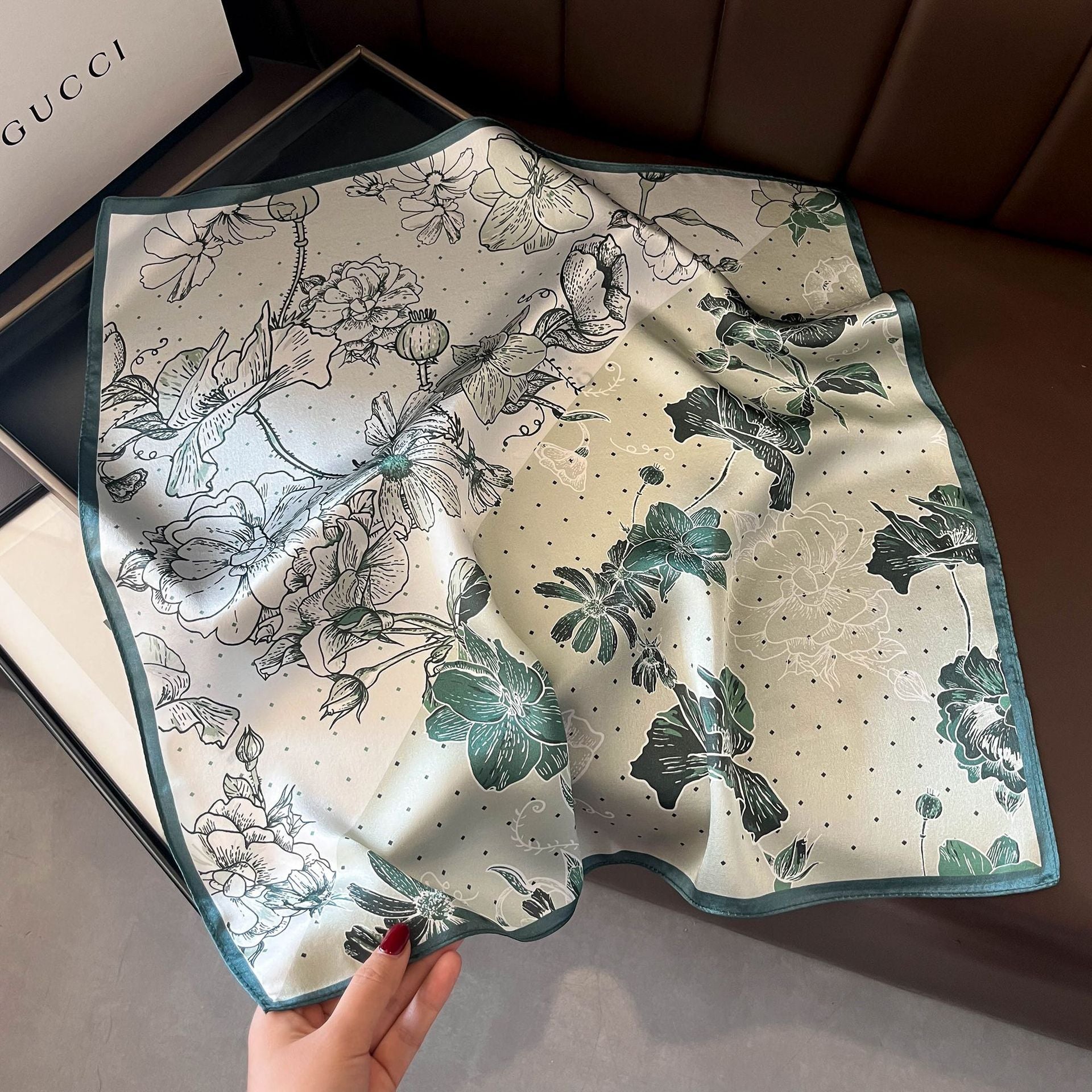 Green Pure Silk Scarf - Elegant Flower Design, Square Handkerchief (Style 3)