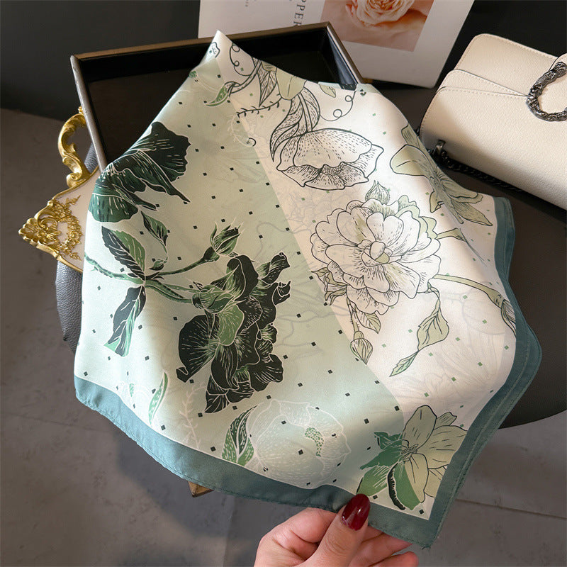 Green Pure Silk Scarf - Elegant Flower Design, Square Handkerchief (Style 3) 3