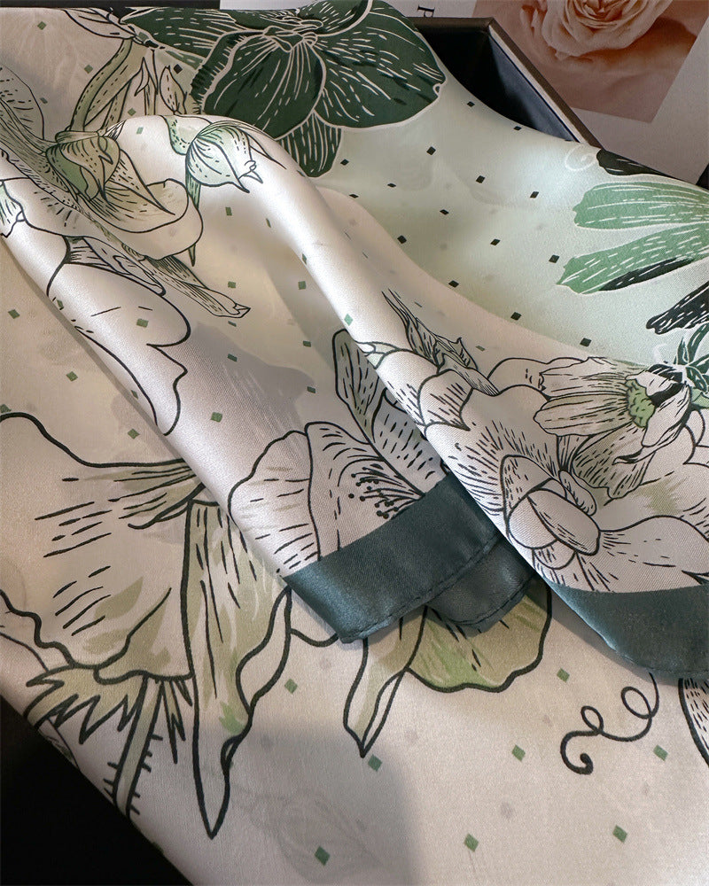 Green Pure Silk Scarf - Elegant Flower Design, Square Handkerchief (Style 3) 4